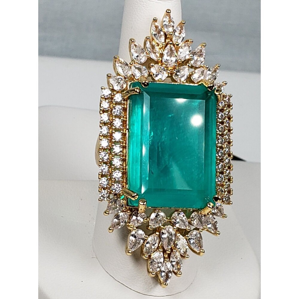 Signed Princess Doublet Natural Emerald with CZ 18KGL Size 9 Cocktail Ring - Picture 3 of 16